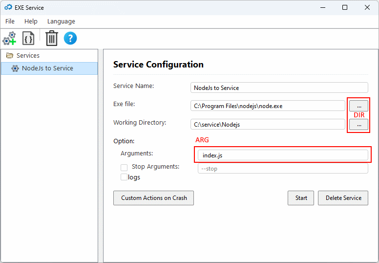 NodeJs to Service Windows Configuration